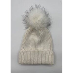 Norla Canada White Knit Beanie Hat With Faux Fur Pom